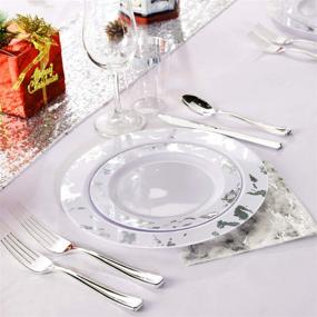 img 1 attached to 🍽️ Nervure 175PCS Silver Marbling Plastic Plates & Silver Plastic Silverware - Silver Disposable Plates with 50 Plates, 25 Forks, 25 Knives, 25 Spoons, 25 Cups, 25 Napkins for Wedding, Parties, and Christmas