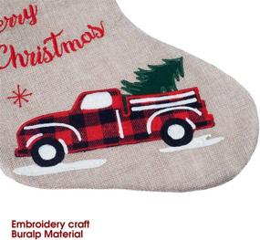img 1 attached to 🎄 Burlap Linen Christmas Stockings - 21 Inch Embroidered Truck with Red and Black Buffalo Plaid Cuff - Festive Gift Holders for Holiday Decorations