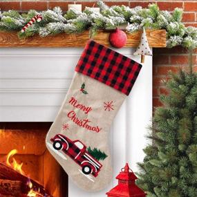 img 4 attached to 🎄 Burlap Linen Christmas Stockings - 21 Inch Embroidered Truck with Red and Black Buffalo Plaid Cuff - Festive Gift Holders for Holiday Decorations