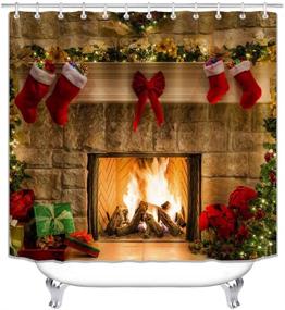 img 1 attached to 🎄 Christmas Fireplace Shower Curtain Set with 4PCS, including Christmas Tree Stocking Shower Curtain, Rugs, Toilet Lid Cover, Bath Mat, and 12 Hooks - Xmas Shower Curtain measuring 71 Inch x 71 Inch