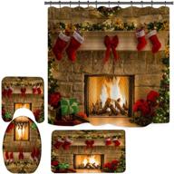 🎄 christmas fireplace shower curtain set with 4pcs, including christmas tree stocking shower curtain, rugs, toilet lid cover, bath mat, and 12 hooks - xmas shower curtain measuring 71 inch x 71 inch logo