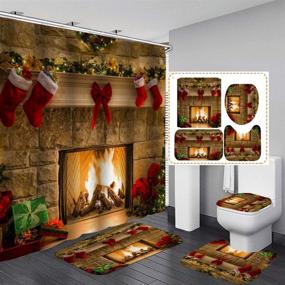 img 3 attached to 🎄 Christmas Fireplace Shower Curtain Set with 4PCS, including Christmas Tree Stocking Shower Curtain, Rugs, Toilet Lid Cover, Bath Mat, and 12 Hooks - Xmas Shower Curtain measuring 71 Inch x 71 Inch