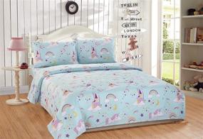 img 2 attached to 🦄 Linen Plus Unicorn Rainbow Castle Sheet Set for Girls/Teens - Blue Purple Yellow White - Twin Size - Includes Flat Sheet, Fitted Sheet, and Pillowcase - Brand New