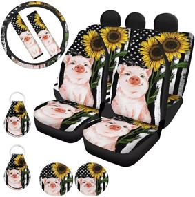 img 4 attached to WELLFLYHOM American Flag Pig Sunflower Car Seat Covers Full Set With Steering Wheel Cover Seat Belt Strap Cover/Cup Coasters/Auto Keychains/Front Back Seat Protector Car Accessories For Women