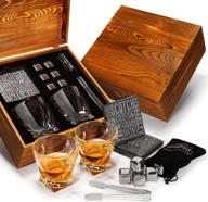 premium whiskey cocktail gift set - 2 swirl glasses, 6 stainless steel chilling whisky stones, 2 coasters, tongs, wood box - perfect for holidays, father's day, groomsmen, weddings & more logo