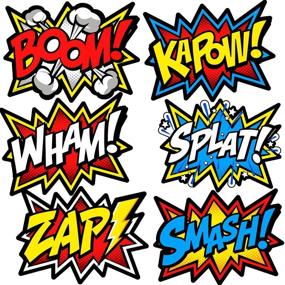 img 4 attached to 🦸 Superhero Word Cutouts - Large Birthday Party Supplies Wall Decor Signs - 12" x 16" - 12 pcs Light Cardboard Super Hero Cut Words, Sayings, Action Sounds by Bigtime Signs