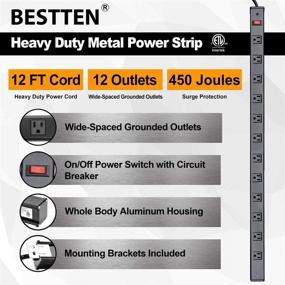 img 3 attached to Bestten Metal Power Strip with 12 Wide-Spaced Outlets, 12ft Long Extension Cord, 450 Joules, 15A/125V/1875W, On/Off Circuit Breaker, ETL Listed - Black