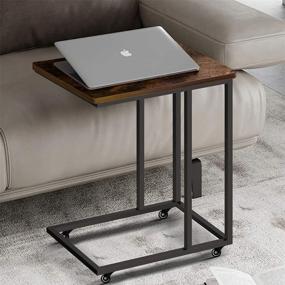 img 2 attached to 🛋️ Industrial Side Table with Wood Finish and Metal Frame - Mobile Snack Table for Coffee, Laptop, Tablet - Slides Next to Sofa Couch - Accent Furniture with Wheels for Easy Movement