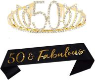 👑 тиара и поясок к 50-летию – праздничные принадлежности к 50-летнему юбилею: 50-я восхитительный черный глиттерный атласный поясок и хрустальная тиара – корона принцессы к 50-летию для женщин – украшения для 50-летнего юбилея логотип