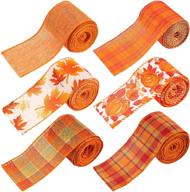 🍂 whaline fall burlap ribbon set - 6 rolls of 30 yards orange plaid thanksgiving ribbon with pumpkin fall leaves - perfect for wreath, floral bows, craft decor, rustic wrapping, and more! 2.5in wired edge logo