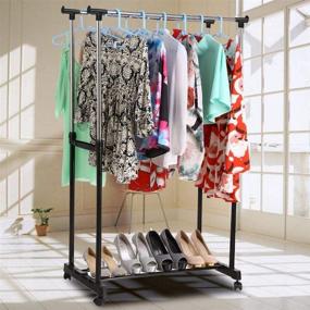 img 3 attached to 👕 Adjustable Double Rods Garment Rack with 360° Lock Wheels - Portable Clothes Drying Rack, Height and Width Adjustable, Ideal for Shoes Organization