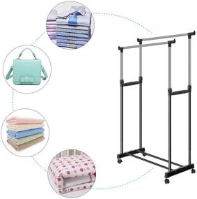 img 2 attached to 👕 Adjustable Double Rods Garment Rack with 360° Lock Wheels - Portable Clothes Drying Rack, Height and Width Adjustable, Ideal for Shoes Organization