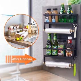 img 1 attached to 🧲 Magnetic Fridge Organizer: 3 Tier Spice Rack, Paper Towel Holder, Hooks | Max Load 45 lbs | 16x12x4 Inch Black