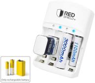 🔋 red shield intelligent battery charger with led status lights for 9v, aa, aaa, ni-mh, ni-cd, and li-ion rechargeable batteries. enhanced power technology, short circuit protection, and worldwide compatibility. logo