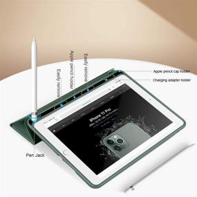 img 2 attached to Чехол Kenke iPad 9.7 2018/2017 с держателем для карандаша, автоматическим включением и выключением и трехслойной подставкой, ударопрочный мягкий чехол из ТПУ для iPad 9.7 дюйма 6-го/5-го поколения, в темно-зеленом цвете.