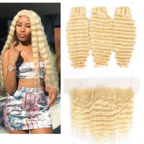 img 4 attached to 🌟 Curly Deep Wave 613 Blonde Hair Bundle Set with 13x4 Lace Frontal and Baby Hair - Brazilian Deep Wave 613 Blonde (18 20 22 Bundles with 16 Frontal)