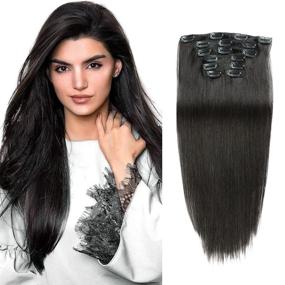 img 4 attached to 💇 Double Weft Remy Human Hair Extensions - Straight Clip-in Full Head 7pcs, 70g (1B Natural Black, 70g-18in)