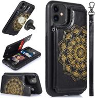 caseowl iphone 11 case with card holder - rfid blocking, kick stand, wrist strap - magnetic car mount compatible - mandala embossed leather flip cover for iphone 11(2019), black logo