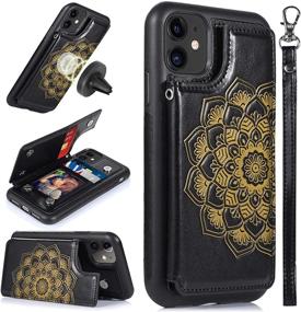 img 4 attached to CASEOWL iPhone 11 Case with Card Holder - RFID Blocking, Kick Stand, Wrist Strap - Magnetic Car Mount Compatible - Mandala Embossed Leather Flip Cover for iPhone 11(2019), Black