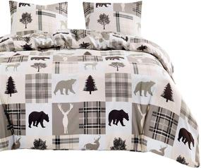 img 3 attached to 🌲 Wake In Cloud - Rustic Patchwork Comforter Set, Lodge Woodland Wildlife Bear Moose Elk Pine Trees Pattern, Soft Microfiber Bedding (3pcs, Queen Size)