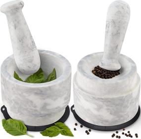 img 3 attached to Large Marble Mortar and Pestle Set - 5.6 Inch, 2.2 Cup - 🥑 Reversible Solid Stone Grinder - Perfect for Guacamole - Includes Silicone Lid/Mat and Spoon