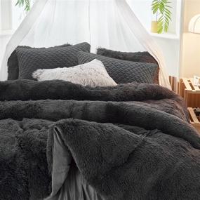 img 2 attached to Uozzi Bedding Plush Shaggy Flannel Duvet Cover Set - 3 Piece (1 Faux Fur Cover + 2 Quilted Pillow Shams) Solid Color, No Filler, Zipper Closure - Cozy & Soft for Winter - Dark Gray, Queen Size