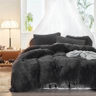 uozzi bedding plush shaggy flannel duvet cover set - 3 piece (1 faux fur cover + 2 quilted pillow shams) solid color, no filler, zipper closure - cozy & soft for winter - dark gray, queen size logo
