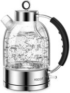 ascot glass electric tea kettle 1.7l - stainless steel tea heater & hot water boiler, 1500w, borosilicate glass, bpa-free, cordless, auto shut-off & boil-dry protection логотип