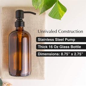 img 2 attached to 🖤 Vine Creations Matte Black Soap Dispenser Set - 2-Pack of 16oz Amber Glass Bottles, Sturdy Rustproof Stainless Steel Pump, Modern Farmhouse Style Vintage Jar, Ideal for Bathroom and Kitchen Accessories, Waterproof Labels Included