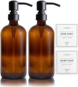 img 4 attached to 🖤 Vine Creations Matte Black Soap Dispenser Set - 2-Pack of 16oz Amber Glass Bottles, Sturdy Rustproof Stainless Steel Pump, Modern Farmhouse Style Vintage Jar, Ideal for Bathroom and Kitchen Accessories, Waterproof Labels Included