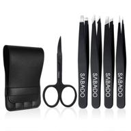 💪 professional stainless steel tweezers set - 5-piece kit with curved scissors, perfect precision for eyebrows, splinter, and ingrown hair removal - includes stylish leather travel case (black) logo