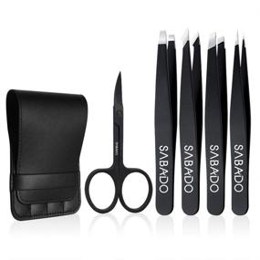 img 4 attached to 💪 Professional Stainless Steel Tweezers Set - 5-Piece Kit with Curved Scissors, Perfect Precision for Eyebrows, Splinter, and Ingrown Hair Removal - Includes Stylish Leather Travel Case (Black)