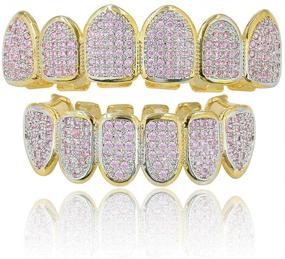 img 4 attached to 💎 Sparkle and Shine with JINAO 18k Gold Plated Pink CZ Teeth Grillz for Women - Includes Extra Molding Bars!