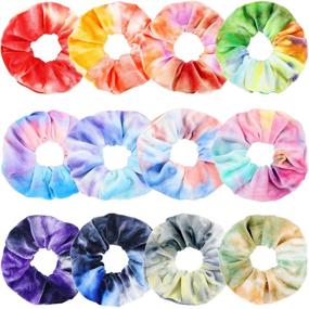 img 4 attached to 🌈 IVARYSS Tie Dye Velvet Scrunchies - Soft Rainbow Hair Bands for Girls & Women, Cute Candy Colors Ponytail Holder (12 Pcs)