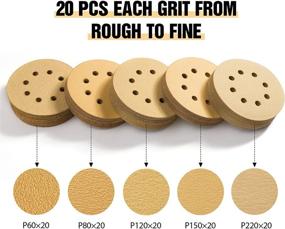 img 2 attached to Versatile S SATC 5 Inch Sanding Discs 100PCS: Highly Efficient 60/80/120/150/220 Grits Gold Sanding Discs with Hook and Loop, Perfect for Orbital Sander - 8 Holes Sandpaper Included