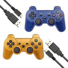 img 4 attached to Vinonda PS3 Wireless Controller 2 Pack with Dual Vibration for Playstation 3 - Blue+Gold Gamepad with 2 Charging Cables