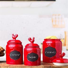 img 3 attached to 🐔 Farmhouse Kitchen Canisters Set of 3 with Rooster Lid - Premium Ceramic Jars for Food Storage - Airtight Antique Canister Set in Red with Chalkboard Labels