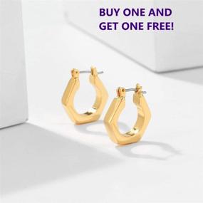 img 3 attached to 🔶 Real Gold Plated Hexagon Chunky Hoop Earrings - Geometric Gold Shape Hoops for Girls - Hexagon Gold Hoop Earrings - Cuff-style Geometry Hoop Earrings