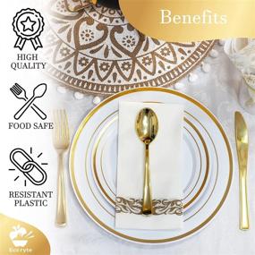 img 1 attached to 🍽️ Luxurious Gold Plastic Dinnerware Set - Complete 105 Pcs Service for 15 - Elegant Gold Plates, Salad Plates, Cups, Napkins, Forks, Knives & Spoons - Party Plates with Premium Cutlery and Utensils (Gold)