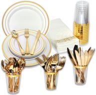 🍽️ luxurious gold plastic dinnerware set - complete 105 pcs service for 15 - elegant gold plates, salad plates, cups, napkins, forks, knives & spoons - party plates with premium cutlery and utensils (gold) logo