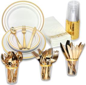 img 4 attached to 🍽️ Luxurious Gold Plastic Dinnerware Set - Complete 105 Pcs Service for 15 - Elegant Gold Plates, Salad Plates, Cups, Napkins, Forks, Knives & Spoons - Party Plates with Premium Cutlery and Utensils (Gold)