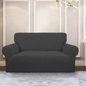 img 3 attached to 🛋️ Non Slip Spandex Loveseat Sofa Slipcover – Stretchy Jacquard Couch Protector in Dark Gray, Washable with Elastic Bottom and Non Skid Foam – Kid-Friendly Furniture Cover