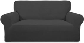 img 4 attached to 🛋️ Non Slip Spandex Loveseat Sofa Slipcover – Stretchy Jacquard Couch Protector in Dark Gray, Washable with Elastic Bottom and Non Skid Foam – Kid-Friendly Furniture Cover