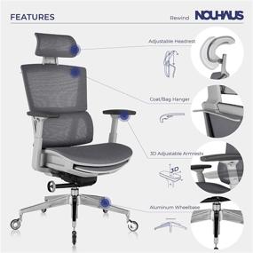 img 2 attached to Nouhaus Rewind Ergonomic Office Chair: Footrest, Lumbar Support, Swivel & Rolling. Mesh High Back Task Chair with Wheels for Home Office, Comfortable Gamer Chair (Grey)