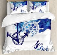 🌊 ambesonne nautical duvet cover set: vibrant ocean back with paint effects, wind rose and rudder cruise image – king size bedding set with 2 pillow shams, shades of blue logo