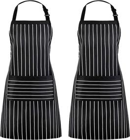 img 4 attached to 🍽️ 2 Pack Adjustable Pinstripe Bib Aprons by Puroma with 2 Pockets - Unisex Cooking Kitchen Aprons for Chef Couple BBQ Painting, Black