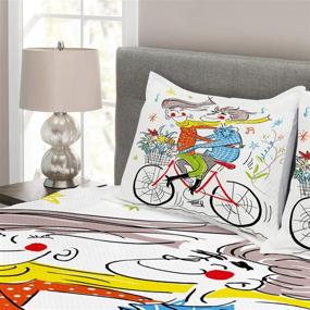 img 2 attached to 🌈 Lunarable Colorful Bedspread, Cartoon Boy and Girl on Bicycle with Flowers and Music Notes, Cheerful Image, Decorative Quilted 3-Piece Coverlet Set with 2 Pillow Shams, King Size, Multicolor