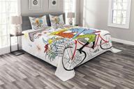 🌈 lunarable colorful bedspread, cartoon boy and girl on bicycle with flowers and music notes, cheerful image, decorative quilted 3-piece coverlet set with 2 pillow shams, king size, multicolor logo