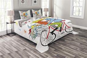 img 3 attached to 🌈 Lunarable Colorful Bedspread, Cartoon Boy and Girl on Bicycle with Flowers and Music Notes, Cheerful Image, Decorative Quilted 3-Piece Coverlet Set with 2 Pillow Shams, King Size, Multicolor