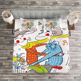 img 1 attached to 🌈 Lunarable Colorful Bedspread, Cartoon Boy and Girl on Bicycle with Flowers and Music Notes, Cheerful Image, Decorative Quilted 3-Piece Coverlet Set with 2 Pillow Shams, King Size, Multicolor